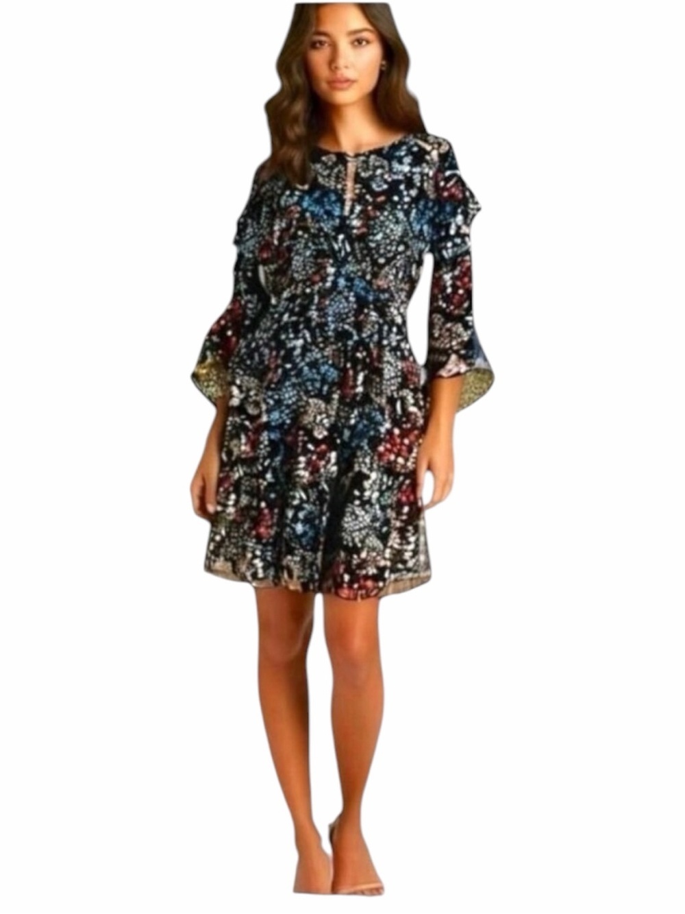 Walter Baker Floral Dress Women’s Size 6 Knee Length, 3/4 Ruffle Sleeves, Lined